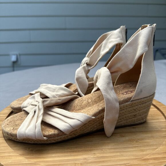 UGG Traci Espadrille Wedge Sandals Ankle Strap Womens Size 9 Cream Tan Back Zip - Picture 1 of 10
